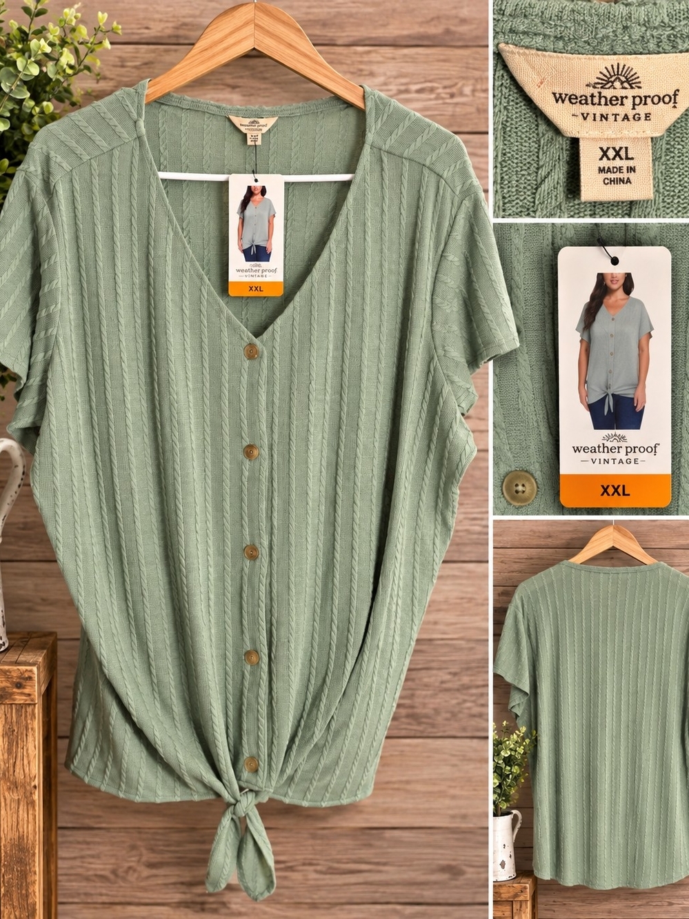Weatherproof Vintage Sage Green Button-Front Tie-Hem Blouse - XXL